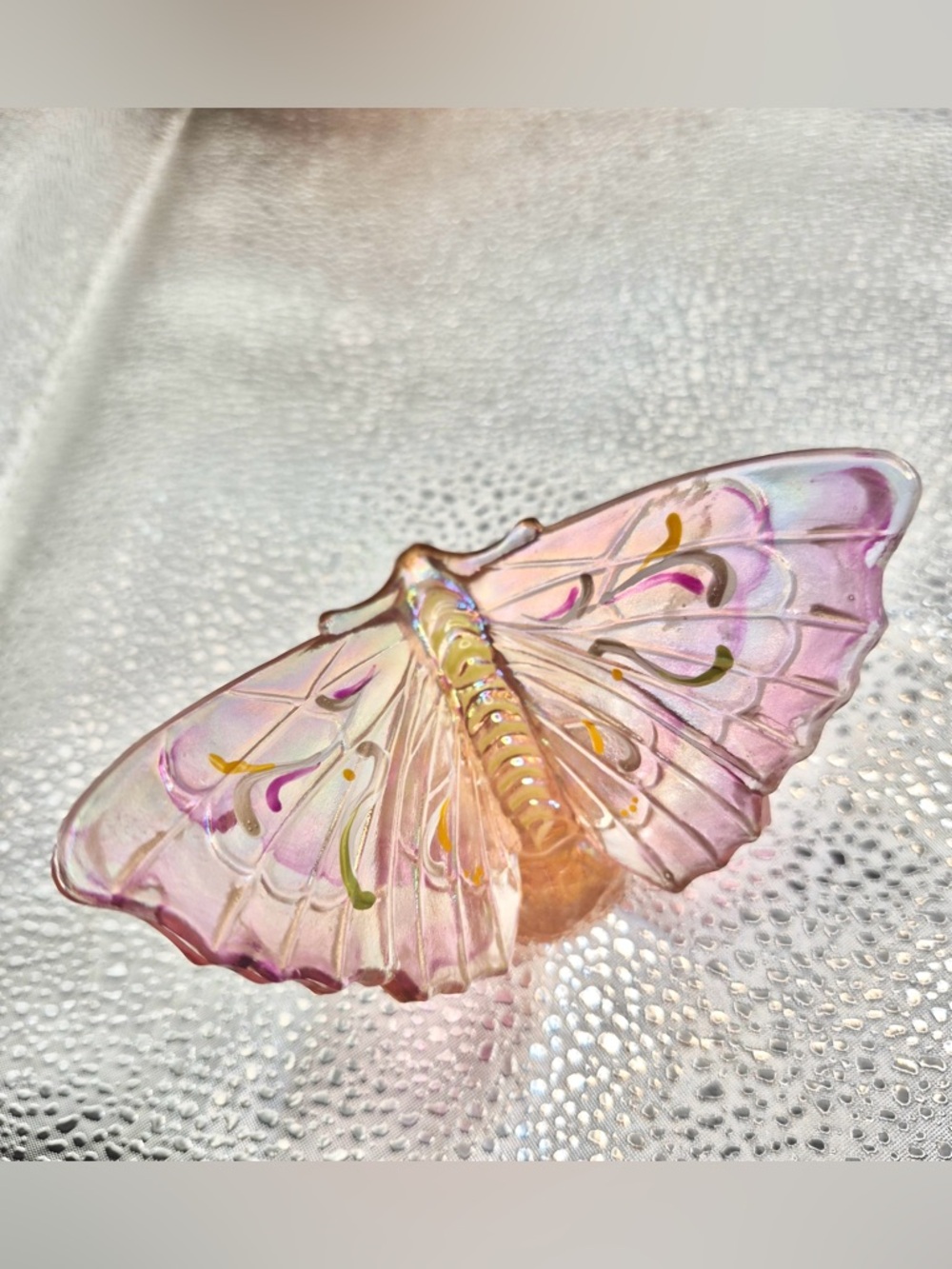 RARE Fenton Pink Iridescent Glass Butterfly - Hand-painted Signed Moth w Sticker